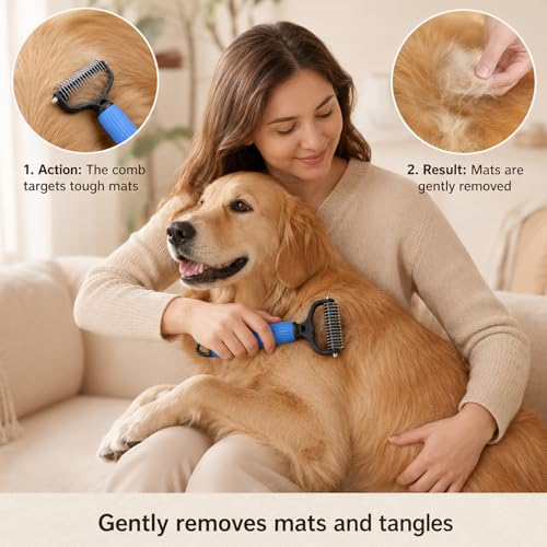 2PCS Pet Pro Grooming Tool, Dematting Comb for Dogs and Cats, Double Sided Undercoat Rake Pet Brush with 17 Teeth, Removes Tangles Knots and Loose Fur (Blue+Pink, Large)