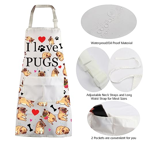 MBMSO Pug Dog Aprons Pug Lovers Gifts Pug Kitchen Apron with Pockets I Love Pugs Apron Waterproof Gifts for Pug Owner Mom