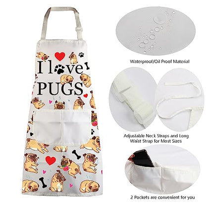 MBMSO Pug Dog Aprons Pug Lovers Gifts Pug Kitchen Apron with Pockets I Love Pugs Apron Waterproof Gifts for Pug Owner Mom