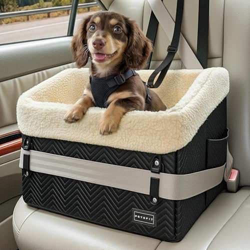 PETSFIT Small Dog Car Seat, Waterproof PU Leather Dog Booster Car Seat with Patented Safe Buckles, Detachable Washable Cushion, 2 Storage Pockets, Dog Car Seat Medium Sized Dog up to 30 lbs (Black) - color: Black