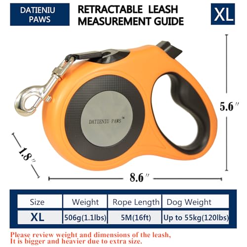 XL 16FT Retractable Dog Leash for Large Dog up to 120 lbs, Chew Proof Steel Wire Extender, One-Hand Brake & Lock, Tangle-Free Heavy Duty Walking Leash XL Orange - color: Orange