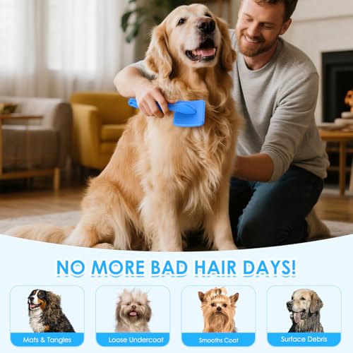 Large Slicker Brush, 2Pc Doodle Grooming Kit with Comb,Blue | With two leather protective covers; ideal for Poodles, Labradoodles; extra long pin; premium wooden handle; removes mats. - color: Blue