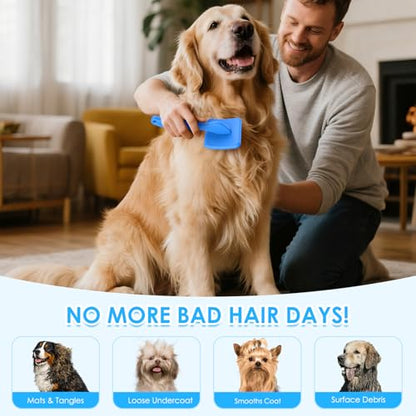 Large Slicker Brush, 2Pc Doodle Grooming Kit with Comb,Blue | With two leather protective covers; ideal for Poodles, Labradoodles; extra long pin; premium wooden handle; removes mats. - color: Blue