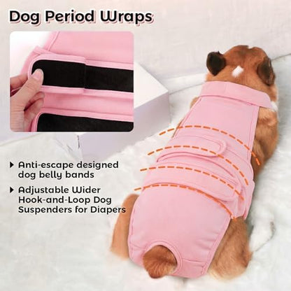 QBLEEV Dog Diapers with Suspenders, Female Escape-Proof Full Body Dog Period Diapers Overalls, Reusable Washable Sanitary Panties for Heat Cycle & Incontinence, Doggie Underwear Onesie with Tail Hole - color: Pink, size: M（Back Length:13.4"）