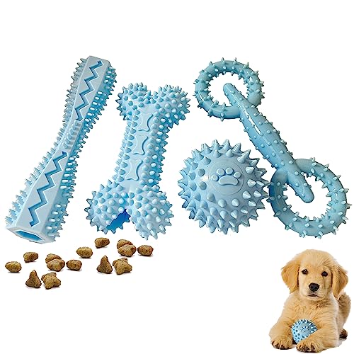 4-Pack Puppy Teething Toys chew Toys for 0-6 Month Puppies,Blue | Small Medium Dogs Durable Interactive Food Dispensing Bone Ball Donut Dog Boy - color: Blue