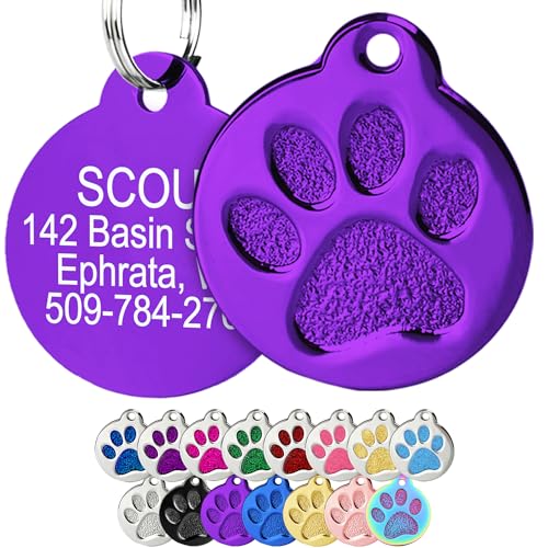 GoTags Paw Print Round Stainless Steel Pet Tag for Dogs and Cats, Personalized with 4 Lines of Custom Engraved ID Name and Number, in Stainless Steel and 15 Colors Small and Large, Purple - color: Solid Purple, size: Small w/o Silencer