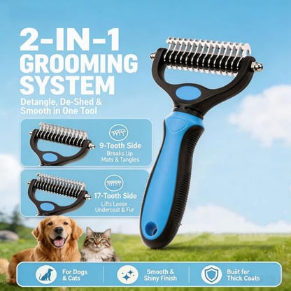 2-In-1Pet Hair Brush - Double-Sided Deshedding Dematting Tool, Undercoat Rake for Dogs & Cats, Extra-Wide Dog Grooming Brush & Deshedder Comb for Long Hair (Blue)
