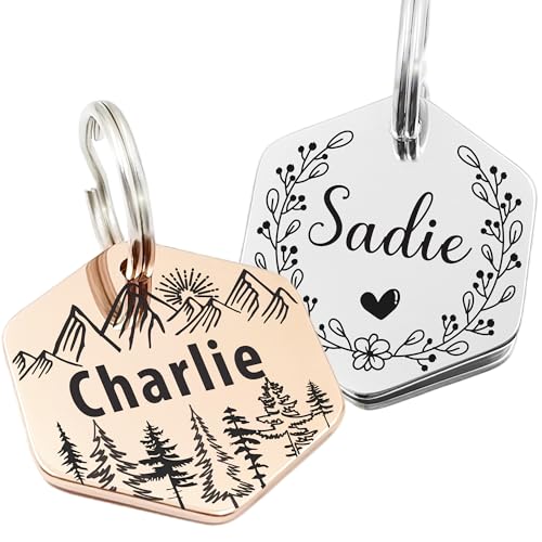 Personalized Pet ID Tags, Customizable Hexagon, Bone and Round Shapes, Multiple Designs with Mountain, Floral, and Night Sky Patterns, Stainless Steel Dog and Cat Tags (Hexagon) - style: Hexagon