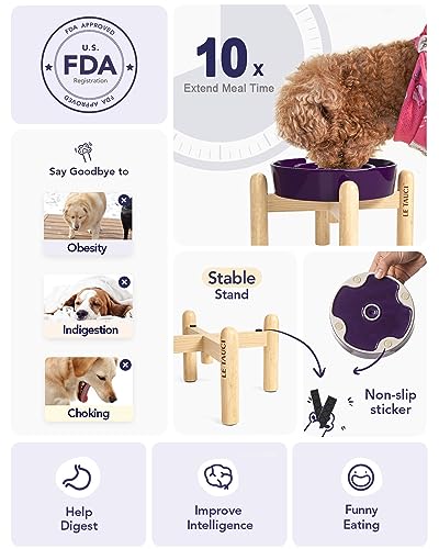 LE TAUCI Ceramic Slow Feed Dog Bowls, Elevated for Small Breeds, Anti-Gulping, Non-Slip, 6 inch, Purple - color: Maze Purple+Stand, size: S-0.6 Cups