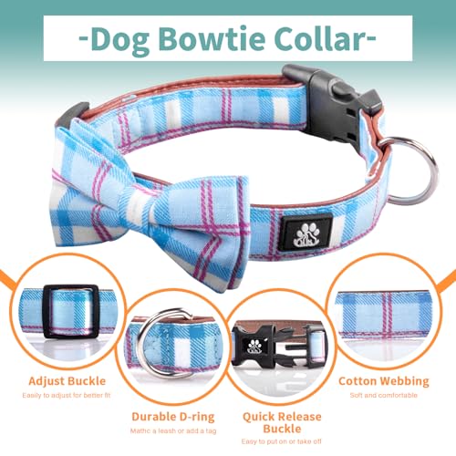 IVY&LANE Dog Collar with Bowtie and Leash Set | Plaid Adjustable Dog Collar | Detachable Bow Tie |5 FT Dog Leash | for Small Medium Large Dogs | Checkered Blue | Small - color: Checkered Blue, size: S
