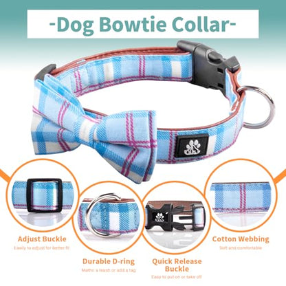 IVY&LANE Dog Collar with Bowtie and Leash Set | Plaid Adjustable Dog Collar | Detachable Bow Tie |5 FT Dog Leash | for Small Medium Large Dogs | Checkered Blue | Small - color: Checkered Blue, size: S