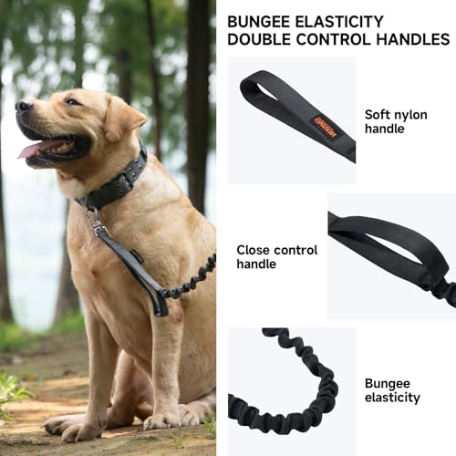 EXCELLENT ELITE SPANKER Military Bungee Dog Leash Elastic Leads Rope with 2 Padded Control Handle for Medium and Small Dogs (Black) - color: Black