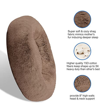 SAVFOX 45 inches Calming Donut Dog Bed - 3X Durable Plush Faux Fur, Machine Washable & Non-Slip, Fits up to 150 lbs, Brown - color: Brown, size: X-Large | 45"x45"
