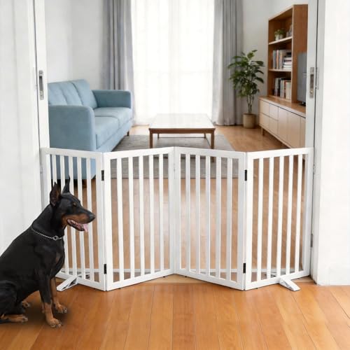 ZJSF Freestanding Indoor Dog Gate for House Foldable Wood White Puppy Gate for Doorways Pet Gate for Stairs Extra Wide Pet Fence 32" Height 4 Panels - color: White, size: 【4 Panels】80''w x 32''h