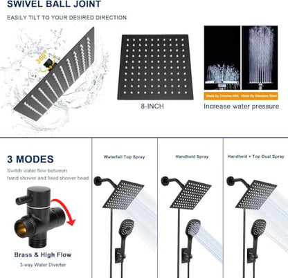 NearMoon Shower Head with Hose, High Pressure Stainless Steel Rain Shower and 3 Settings Handheld Spray Combo with Push Button Flow Control (8 Inch, Matte Black) - color: Matte Black, size: 8 Inch