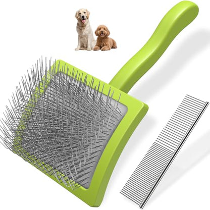 2PCS Slicker Brush for Dogs & Pet Comb,Professional Dog Grooming Brush (Goldendoodles,Poodles,Labradoodles) with Extra Long Pins to Effectively Remove Tangles, Knots and Mats (Green, Large) - color: Green, size: Large