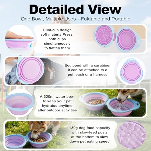 2-in-1 Purple Collapsible Dog Bowls with Carabiner | Foldable Water Bowl(320ml) Foldable Slow Food Bowl(130g) for Dogs Cats Travel Hiking Camping - color: Purple