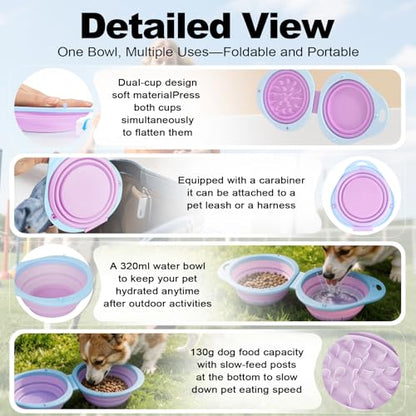 2-in-1 Purple Collapsible Dog Bowls with Carabiner | Foldable Water Bowl(320ml) Foldable Slow Food Bowl(130g) for Dogs Cats Travel Hiking Camping - color: Purple