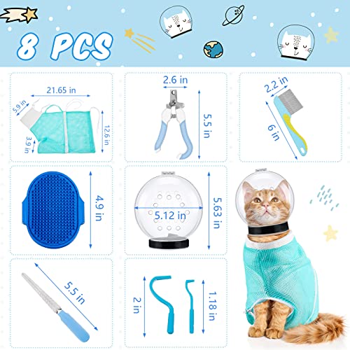 8 Pcs Cat Muzzle Set with Adjustable Cat Bathing Bag, Breathable Muzzle Pet for Shower Grooming Brush Tick Remover Tool Nail Clipper Nail File for Dog, Bunny Cleaning Trimming(M Size,Blue) - size: M Size