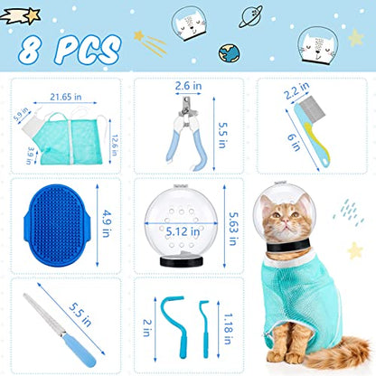 8 Pcs Cat Muzzle Set with Adjustable Cat Bathing Bag, Breathable Muzzle Pet for Shower Grooming Brush Tick Remover Tool Nail Clipper Nail File for Dog, Bunny Cleaning Trimming(M Size,Blue) - size: M Size