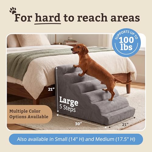 Snoozer Scalloped Pet Stairs for Dogs - Large Foam 5 Step Pet Stairs with Removable, Washable Cover - Secure & Durable 21" H - Lightweight Pet Ramp with 100lbs Capacity - Anthracite