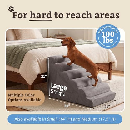 Snoozer Scalloped Pet Stairs for Dogs - Large Foam 5 Step Pet Stairs with Removable, Washable Cover - Secure & Durable 21" H - Lightweight Pet Ramp with 100lbs Capacity - Anthracite