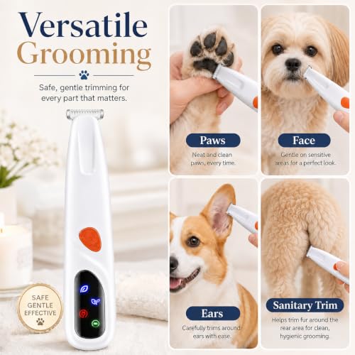 Dogs & Cats Paw Hair Trimmer, 2 Mode Electric Quiet Rechargeable Clipper with LED Light & 2 Wide Blades (0.8"), Waterproof for Paws, Ears, Face, Rump