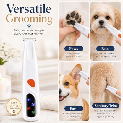 Dogs & Cats Paw Hair Trimmer, 2 Mode Electric Quiet Rechargeable Clipper with LED Light & 2 Wide Blades (0.8"), Waterproof for Paws, Ears, Face, Rump