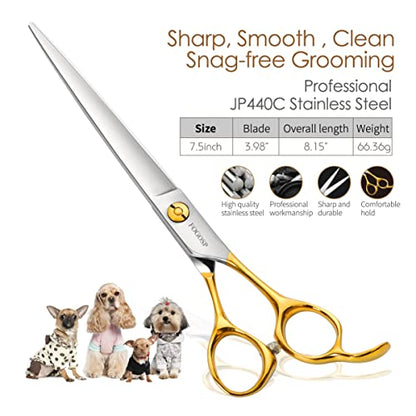 Professional Dog Grooming Scissors Straight 7.5" Pet Grooming Shears for Cutting Small Dogs Cat Thick Hair Japan 440C Stainless Steel Right Handed(7.5in Straight, Gold) - size: 7.5 inch, style: Straight