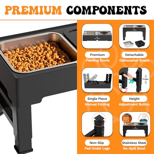 Elevated Dog Bowls, Raised Dog Bowl Stand with 4 Adjustable Heights, Stainless Steel Food Bowl & No-Spill Water Bowl – Dog Bowls Elevated for Small, Medium & Large Dogs - color: No-Spill Water Bowl & Stainless Steel Bowl Black