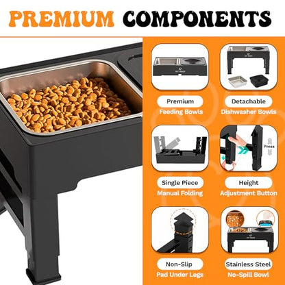 Elevated Dog Bowls, Raised Dog Bowl Stand with 4 Adjustable Heights, Stainless Steel Food Bowl & No-Spill Water Bowl – Dog Bowls Elevated for Small, Medium & Large Dogs - color: No-Spill Water Bowl & Stainless Steel Bowl Black