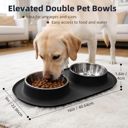 Double Stainless Steel Cat Food Bowls with Non-Slip Silicone Mat, Double Pet Feeder for Food & Water, Spill Proof Cat Dish Set for Small Medium Dogs & Cats, 1.5 Cups Each Bowl, Black Mediun - color: Black