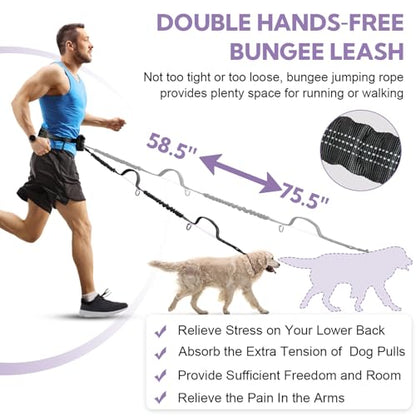 Hands Free Dog Leash, Shcok Abosoring Bungee with Double Padded Handles, Waist Leash for Dog Walking, with Bungee for Medium & Large Dog, Black Purple - color: Black/Purple