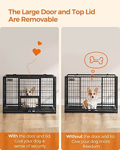 Feandrea 36.4 Inch Heavy Duty Dog Crate, Metal Escape Proof Kennel with Double Doors and Convenient Feeding Door, Removable Tray, Easy to Clean, L Pet Crate for Medium and Small Dogs, Black - size: 36.4"L x 22.6"W x 25.2"H