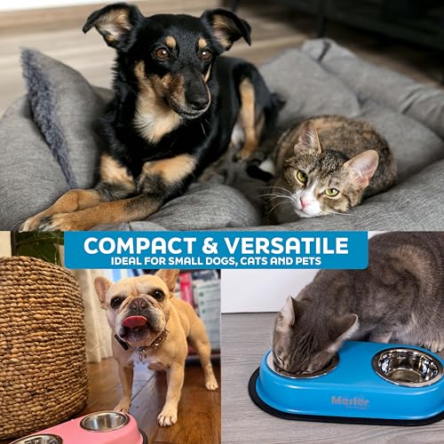 Master Pet Supply Double Dog Bowls Set with Elevated Base and 2 (8 oz) Stainless Steel Removable Dishes (Black Velvet) – Double Cat Food Water Bowl, Dog Puppy Food Bowl Set, Rust Resistant - color: Black Velvet