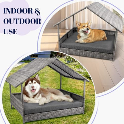 Heeyoo Wicker Dog House, Elevated Rattan Dog Bed with Canopy, Large Dog House Outdoor with Water Resistant Cushion, Outside Rattan Dog House for Dogs with Protective Cover, Grey