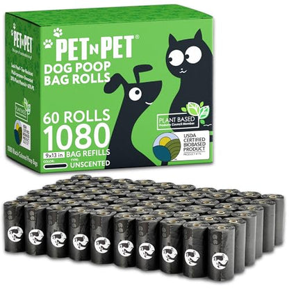 Pet N Pet 1080 Counts Black Poop Bags for Dogs, 41% Plant Based & 59% PE Extra Thick Dog Poop Bags Rolls, 9" x 13", Unscented Pet Waste Bag - size: 1 Count (Pack of 1080), style: Unscented - Black
