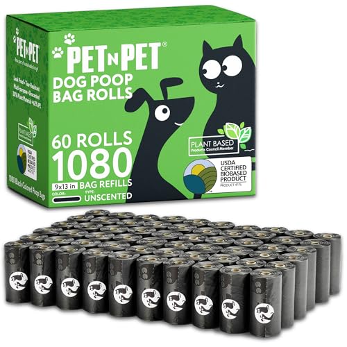 Pet N Pet 1080 Counts Black Poop Bags for Dogs, 41% Plant Based & 59% PE Extra Thick Dog Poop Bags Rolls, 9" x 13", Unscented Pet Waste Bag - size: 1 Count (Pack of 1080), style: Unscented - Black