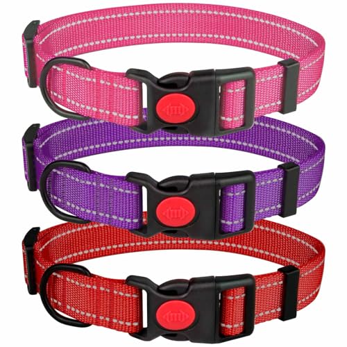 3 PCS Dog Collars for Small Dogs,Reflective Dog Collar Adjustable Soft Nylon with Safety Locking Buckle Girl Dog Collars,Hotpink+Purple+Red,XS - color: Hotpink+Purple+Red, size: XS:9-13",width 5/8"