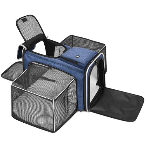 Pet Carrier, Large Soft Sided Expandable Travel Carrier with Steel Frame, Anti-Scratch Mesh, Removable Fleece Pad and Pockets for Cats, Dogs and Small Animals up to 15 lbs (Blue, 4 Sides Expandable) - color: Blue