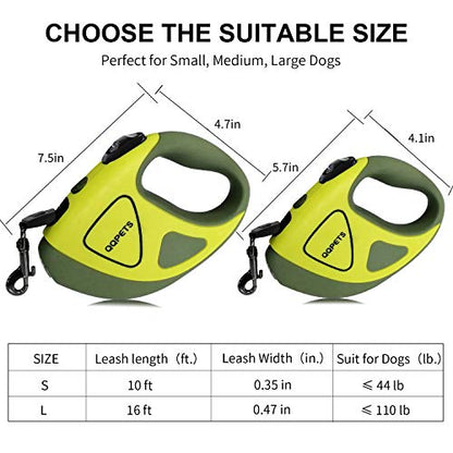 Retractable Dog Leash with LED Flashlight for Small Medium Big Breed Dogs, 10/16 ft Extendable Leash, Heavy Duty Nylon Cord Training Running (L (16 FT - up to 110lbs), Green)