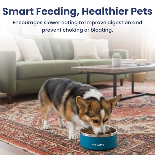 PawsPik 64oz 18/8 Stainless Steel Slow Feeder Dog Bowl, Double-Wall Non-Slip Metal Dog Bowl for Fast Eating Medium & Large Breeds, Detachable Slow Feeder Insert, Dishwasher Safe (Midnight Summit Blue) - color: Midnight Summit Blue