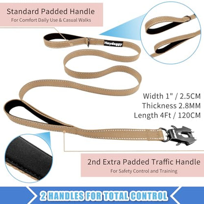 Strong Heavy Duty Dog Leash - 5ft Reflective Nylon Training Leash with Soft Padded Double Handle & Auto Lock Frog Clip - Safety Traffic Control for Large Medium Small Dogs No Pull Walk Khaki,4ft - color: Khaki, size: 4FT x 1" x 2.8MM