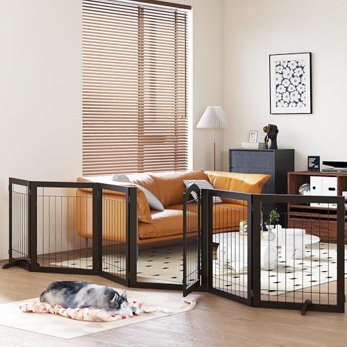 PAWLAND 144-inch Extra Wide 30-inches Tall Dog gate with Door Walk Through, Freestanding Wire Pet Gate for The House, Doorway, Stairs, Pet Puppy Safety Fence, Support Feet Included, Espresso,6 Panels - color: Espresso, size: 【6 Panels with Door】144"W x 32