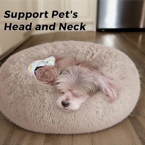Calming Round Dog Bed & Cat Bed with Anti-Slip Bottom, Medium Size Washable Anti-Anxiety Donut Dog Beds for Small Dogs & Cats, Fluffy Plush Soft Dog Bed(24 Inch, Light Brown) - color: Light Brown, size: 24"l x 24"w x 8"th