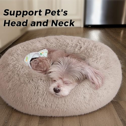 Calming Round Dog Bed & Cat Bed with Anti-Slip Bottom, Medium Size Washable Anti-Anxiety Donut Dog Beds for Small Dogs & Cats, Fluffy Plush Soft Dog Bed(24 Inch, Light Brown) - color: Light Brown, size: 24"l x 24"w x 8"th