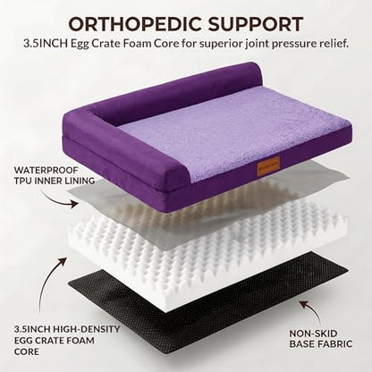 Patas Lague Orthopedic Dog Bed Large Sized Dog 36''X24'', Waterproof L Bolster Medium Pet Sofa Beds with Removable Washable Cover, Soft Pet Couch Crate Mat with Nonskid Bottom, Purple - color: Purple, size: 36"L x 24"W x 3.5"Th