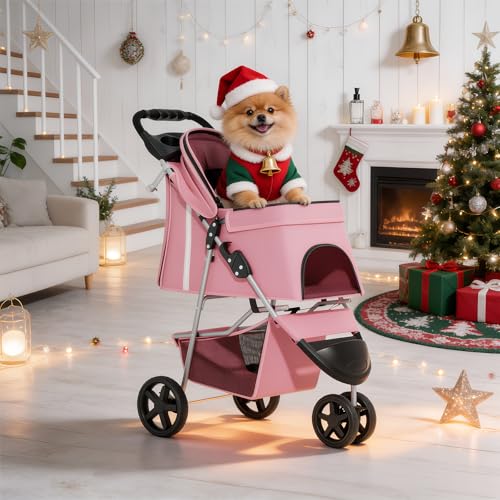MoNiBloom 3-Wheels Foldable Pet Stroller with Waterproof Cover, Pet Strolling Cart for Small/Medium Dogs and Cats with Storage Basket and Cup Holder, Breathable and Visible Mesh for All-Season, Pink - color: Pink