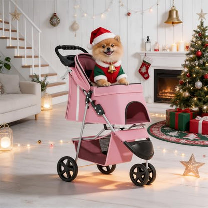 MoNiBloom 3-Wheels Foldable Pet Stroller with Waterproof Cover, Pet Strolling Cart for Small/Medium Dogs and Cats with Storage Basket and Cup Holder, Breathable and Visible Mesh for All-Season, Pink - color: Pink