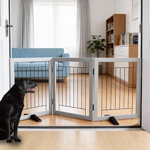 Dog Fence Indoor - 3-Panel Freestanding Dog Gate for Doorways, Hallways, House or Stairs -60x24-Inch Retractable Foldable Expandable Wood Pet by SFJC (Grey) - color: Gray, size: 【3 Panels】60''w X 24''h